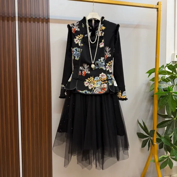 新款大码女装时尚洋气高品质复古马甲十打底十半身裙三件套套装