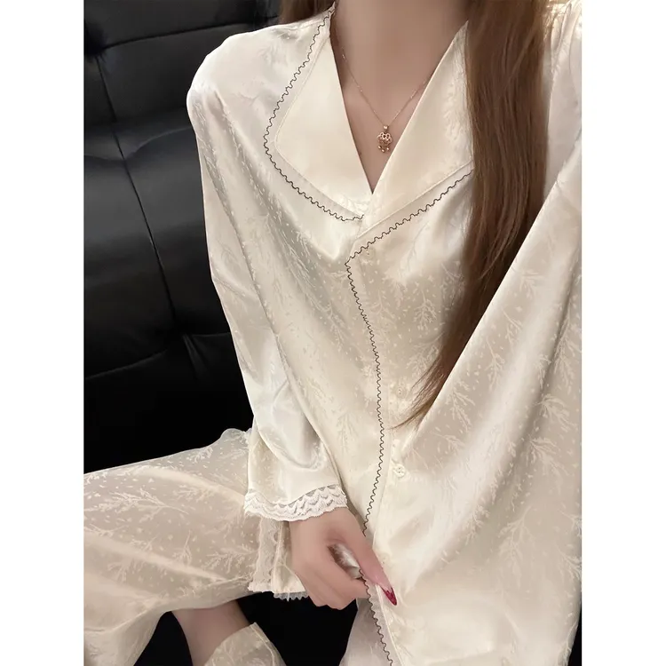 国风高级感蕾丝花边冰丝睡衣女春秋新款纯欲风长袖长裤家居服套装