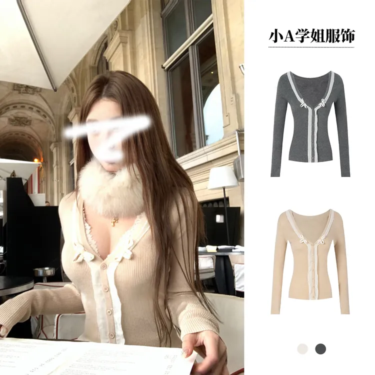 恶作剧 针织开衫拼接撞色雪纺女秋冬长袖上衣性感纯欲气质