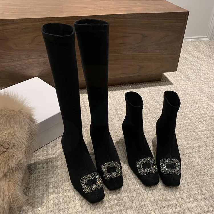 方头法式复2024短靴黑色粗中跟水钻弹力瘦瘦靴长靴女秋冬