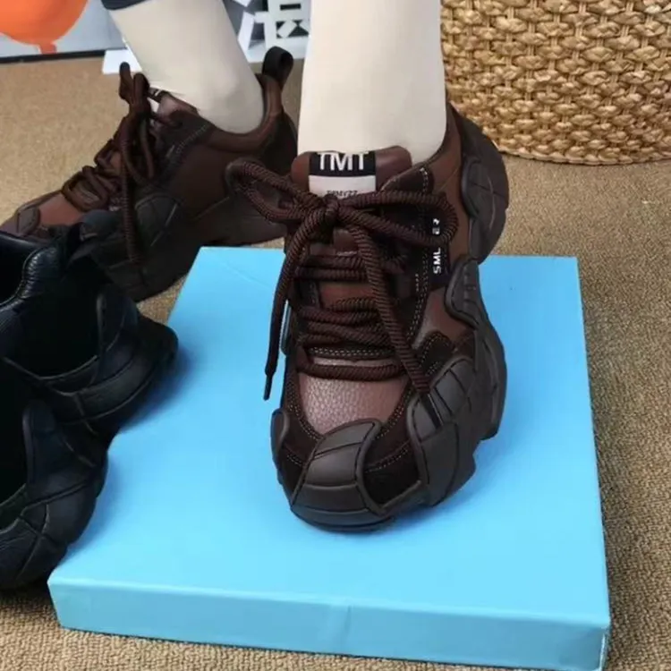 复古风拼色老爹鞋厚底增高百搭真牛皮休闲女鞋透气轻便秋季鞋子女