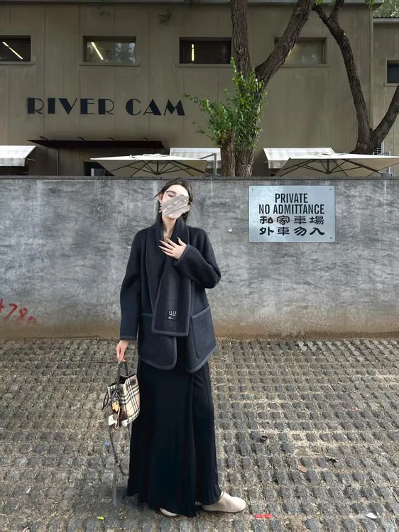 老钱千金感灰色大衣女高级感中长款外套2025新款秋季百搭半身裙潮