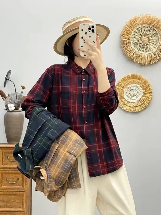 2025春季新款色织格纹棉纱衬衫女休闲百搭上衣女85136