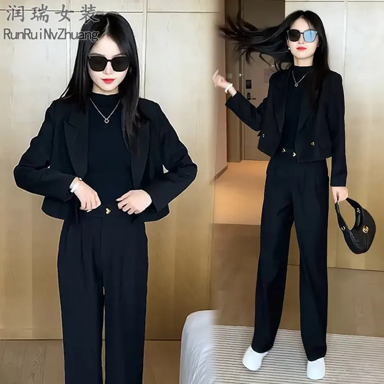 极简风时尚套装女2025秋季新款小个子气质西装短外套阔腿裤两件套
