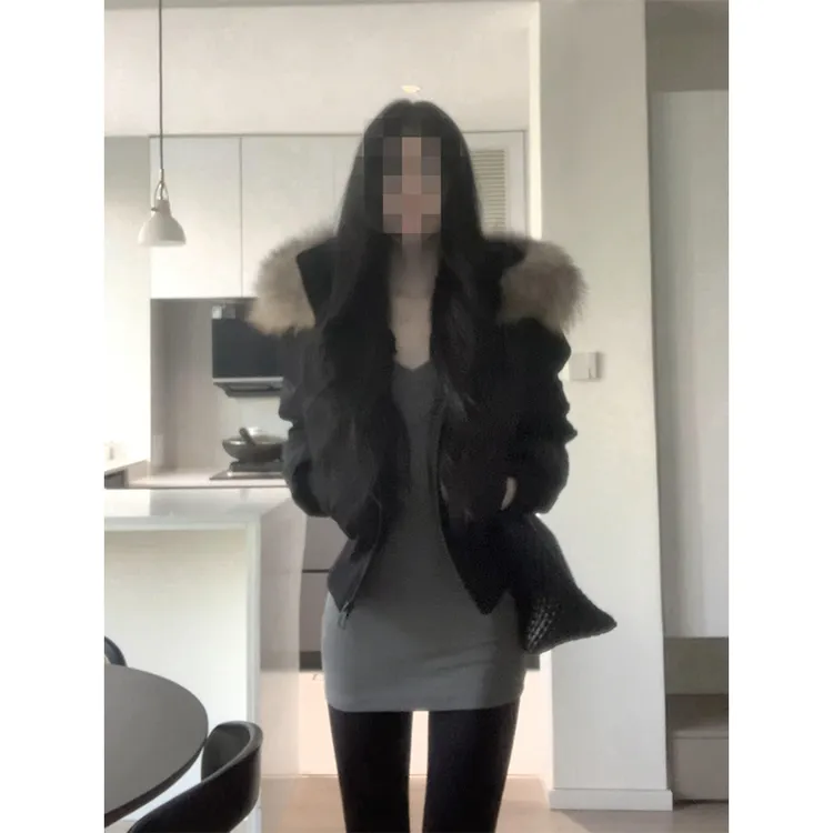 parkyeon秋冬新款毛领连帽棉服女派克服外套内搭打底衫上衣两件套