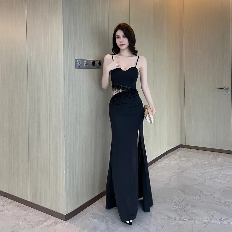 长裙中腰短裙无袖吊带款羽毛礼服性感连衣裙法式吊带生日晚礼服
