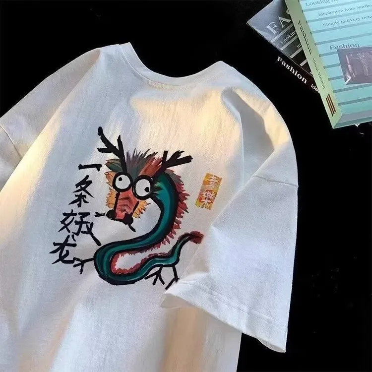 趣味百搭纯棉短袖T恤男装休闲港风ins宽松圆领潮流复古体恤衫上衣