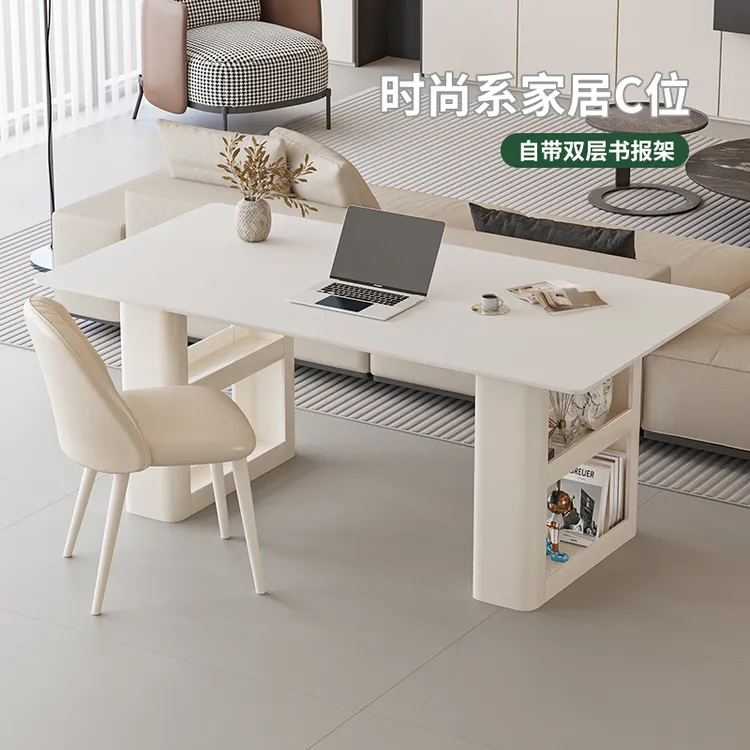 摩登枫情奶油风实木岩板书桌台式电脑桌客厅沙发长条桌家用办公桌