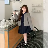 LT STUDIO辣条大码女装 学院风刺绣灰色开衫藏蓝色连衣裙