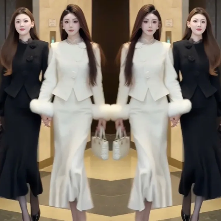 冬季网红新款加棉毛呢套装裙女高级感气质显瘦外套秋冬+鱼尾长裙