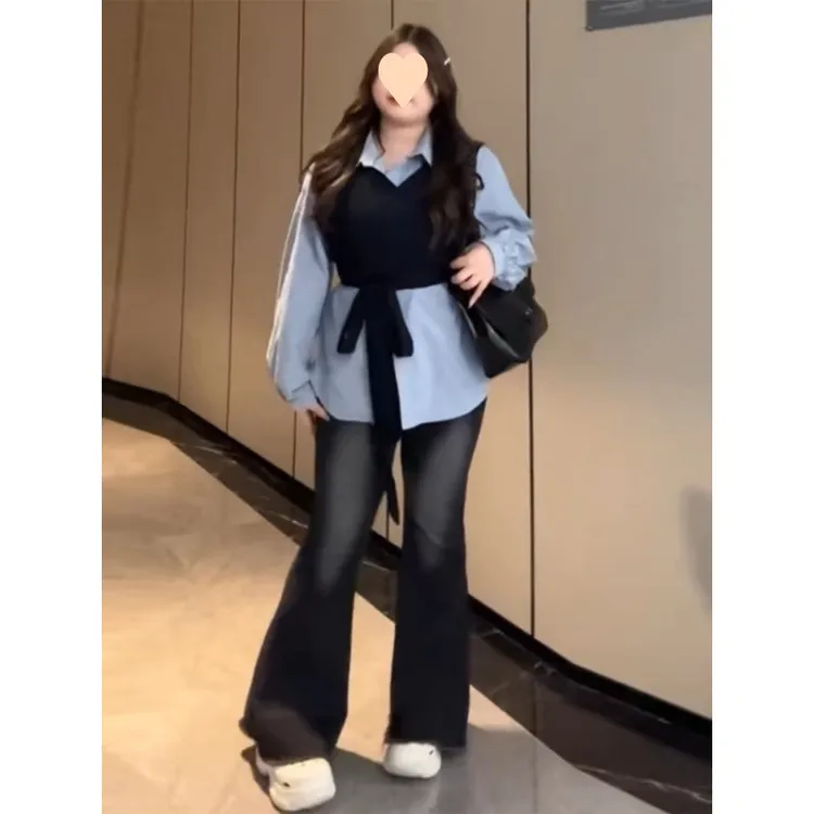 20252025大码女装胖慵懒风假两件绑带马甲衬衫秋季新款时尚显瘦上