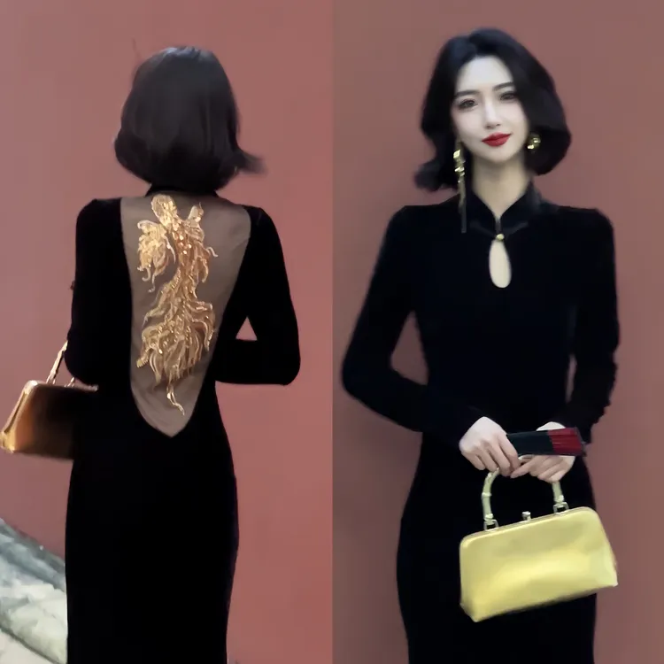 【大晶定制】“东方锦鲤”T新款国风假透肤优雅修身长袖复古旗袍DJ297