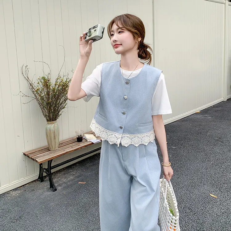 1212蓝色蕾丝拼接马甲三件套女夏季2025独特绝美韩系阔腿裤套装