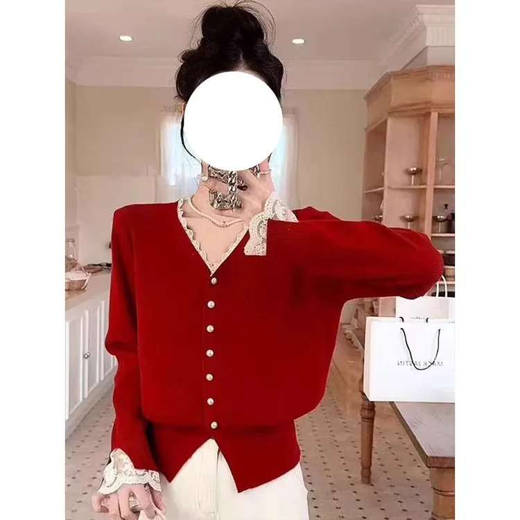 法式V领蕾丝边针织开衫秋冬新款大码女装胖MM掐腰显瘦高级感上衣