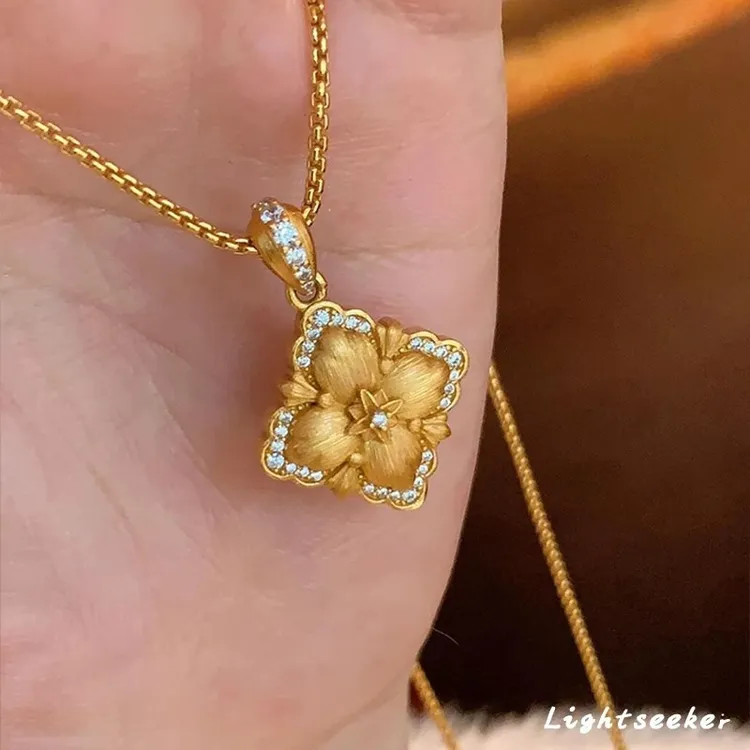 中古布契风金色拉丝四瓣花项链女小众高级感镶钻锁骨颈链吊坠气质