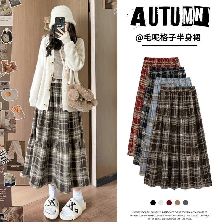 复古毛呢格子半身裙女春秋冬胖mm大码高腰显瘦a字裙中长款蛋糕裙
