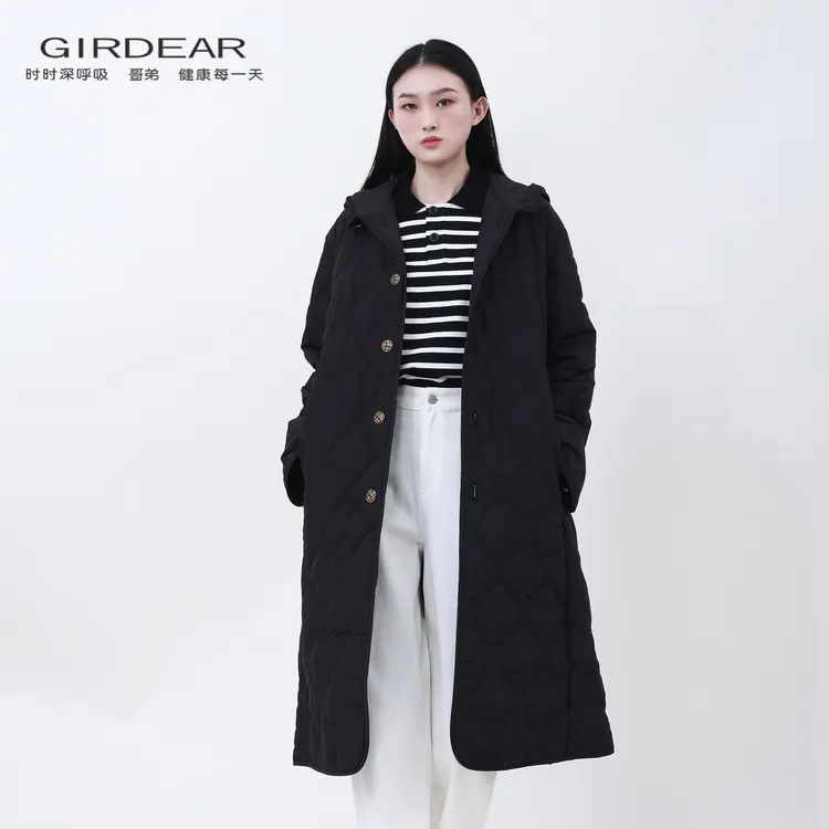 哥弟/GIRDEAR 新款秋冬保暖菱形格中长款连帽雪丽绒棉服女1400647