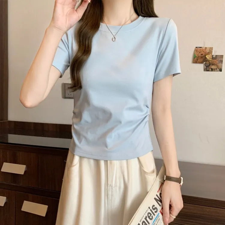 2025夏季新款T恤抽褶洋气别致正肩皱褶上衣显瘦百搭遮肉时尚简约
