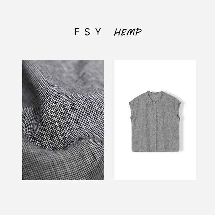 色织亚麻千鸟格无袖衬衫色织布女士木耳边圆领新中式衬衣FSY50468