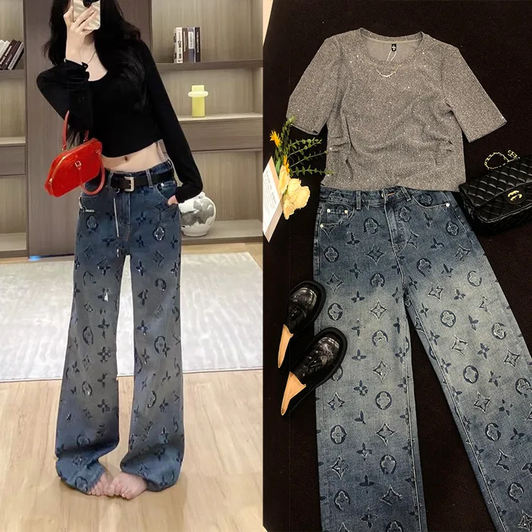 欧货高品质烫钻字母复古怀旧水洗牛仔裤女秋季百搭显瘦窄版直筒裤