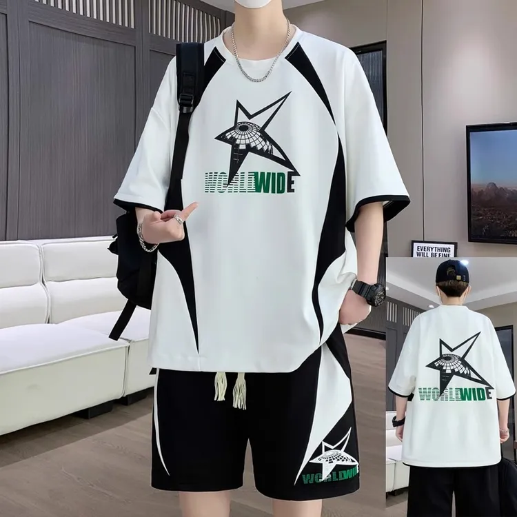 男士短袖薄款学生青少年宽松大码夏季ins休闲运动套装假两件短裤