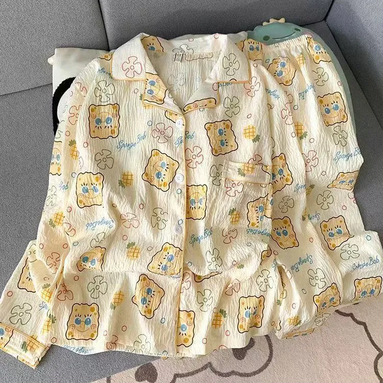 秋季新款云朵棉睡衣女翻领开衫长袖长裤甜美可爱少女家居服套装