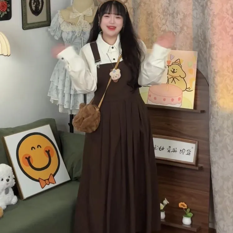 韩系复古学院风减龄背带连衣裙套装女2025秋季花边衬衫长裙两件套