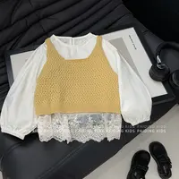 现货春秋装女童韩版时尚蕾丝拼接洋气针织马甲衬衫两件套装ZH0702