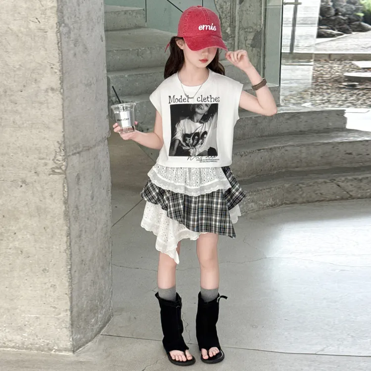 女童夏季套装2025儿童洋气背心个性蕾丝不规则格子半身裙两件套潮