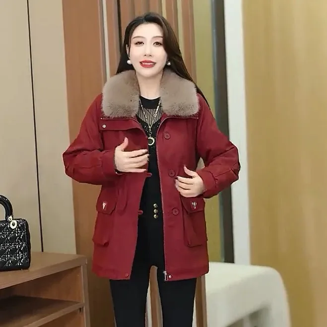 加绒加厚派克服女2025冬季新款时尚宽松显瘦收腰大毛领中长款外套