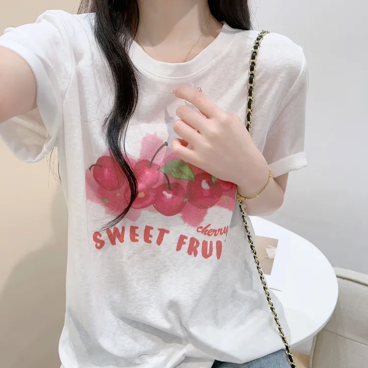 欧货减龄正肩印花樱桃雪花棉短袖T恤女夏季薄款透气体恤薄款上衣