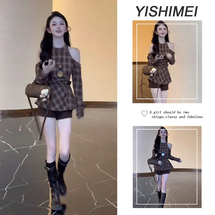 2025秋季新款独特别致小众复古露肩收腰格纹长袖衬衫高腰短裤套装