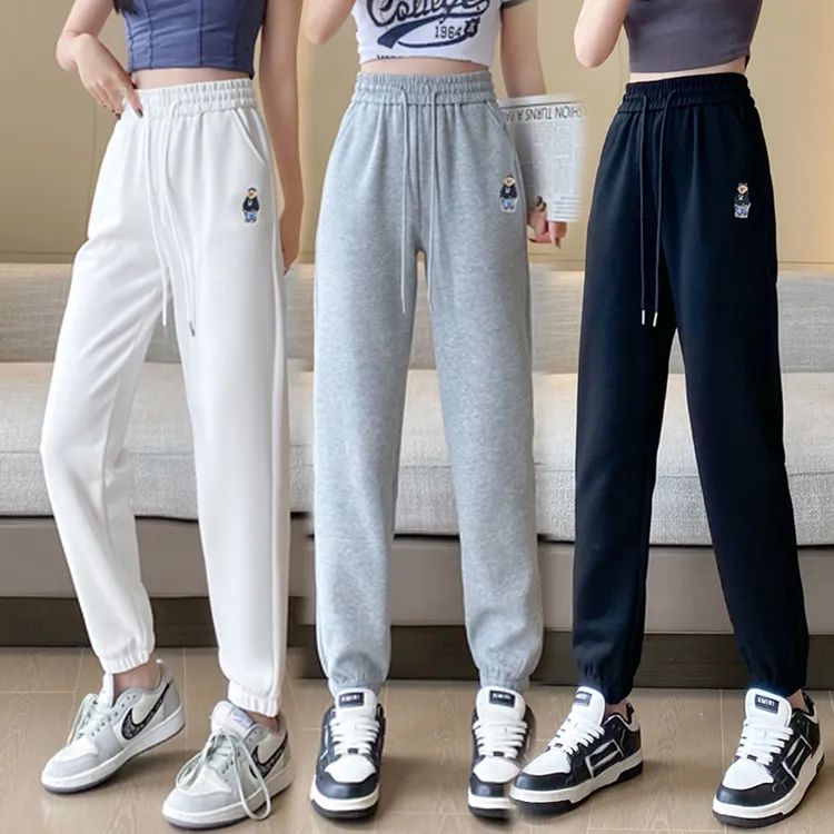 加绒/不加绒百搭运动裤小熊刺绣休闲裤束脚男女同款加绒大码裤子