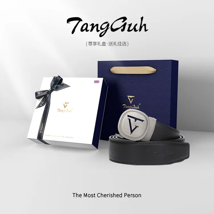 TangGuh倘歌永恒三角标设计男士皮带头层牛皮自动扣腰带实用礼物