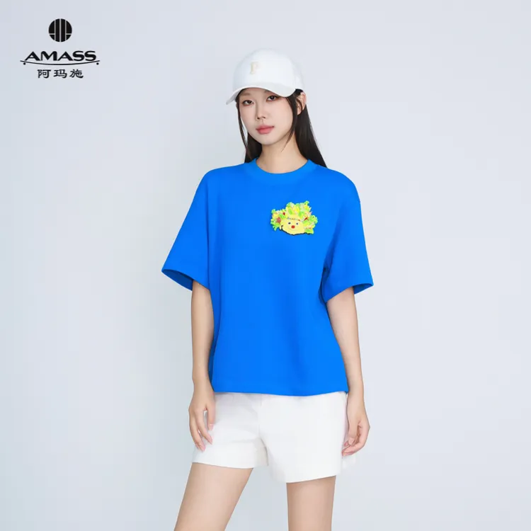 AMASS/阿玛施夏季新款舒适时尚宽松圆领刺绣设计短袖T恤女 530088