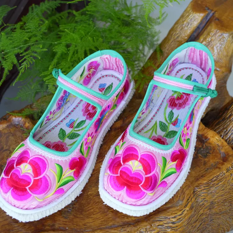 方口楚雄花女士丝光面料手工千层底粉绿两色老北京布鞋