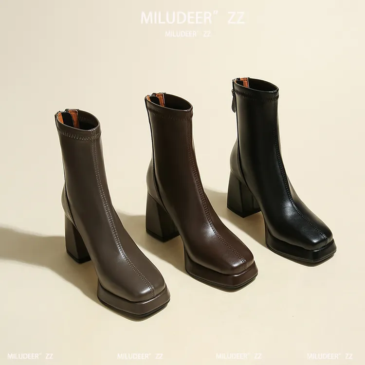 防水台高跟马丁靴女2025年秋冬不累脚方头时尚显瘦英伦风小短靴女