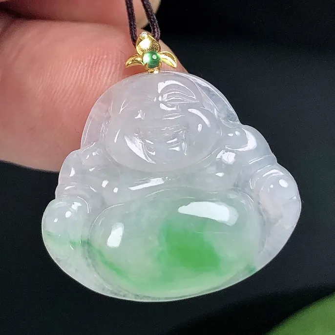 缅甸天然翡翠A货18K金扣镶嵌冰飘正阳绿小吊坠佛公冰种翡翠