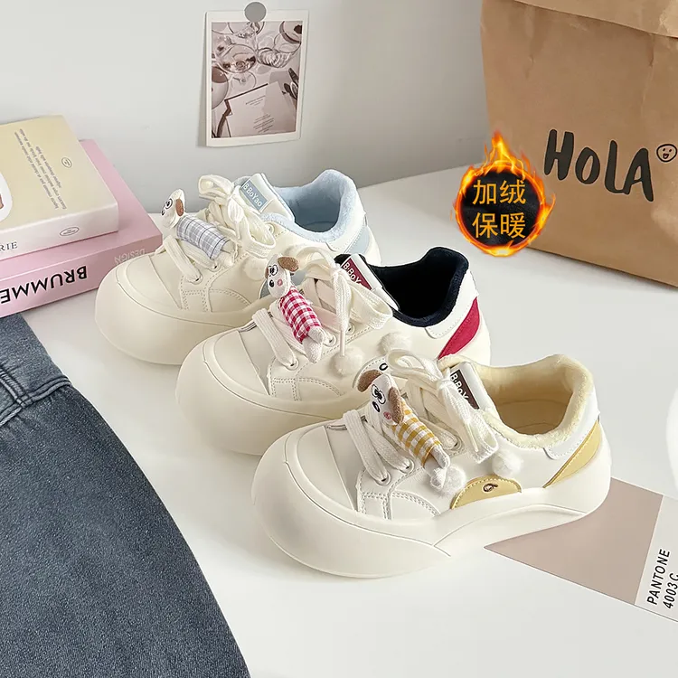 2026冬季保暖可爱加绒小白鞋厚底面包鞋休闲德训鞋女百搭休闲鞋