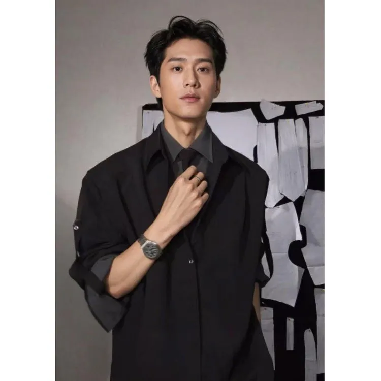 假两件拼接领带设计衬衫男款双层西装领长袖衬衣cleanfit百搭潮流