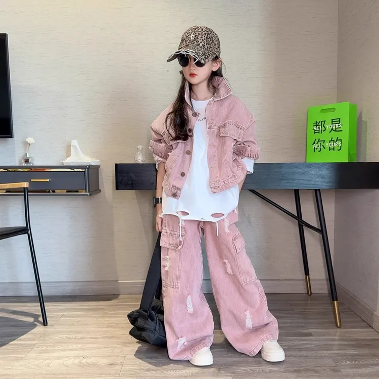 女童春秋装牛仔套装2025新款儿童洋气炸街韩版工装阔腿裤两件套