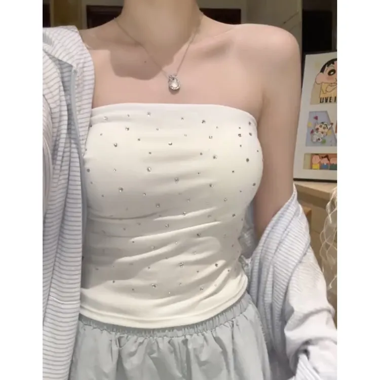 纯欲名媛风气质重工烫砖抹胸背心带胸垫夏季外穿女褶皱修身