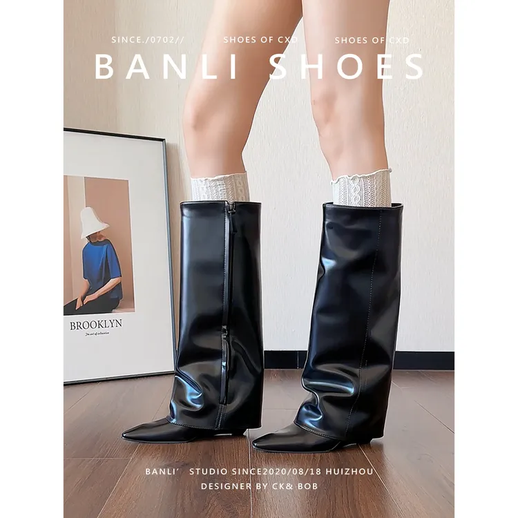 BANLI 黑色长筒靴时尚尖头不过膝长靴侧拉链高筒靴裤管靴女瘦瘦靴