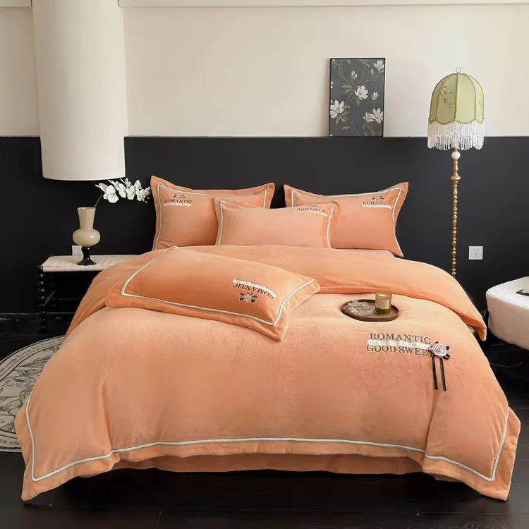 不老的爷爷QY轻奢刺绣牛奶绒四件套秋冬季加厚珊瑚绒zb床单被套22