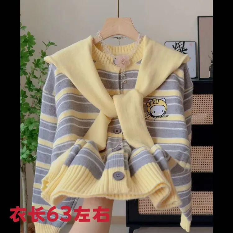 2696条纹Kitty猫海军领披肩毛衣女宽松慵懒风针织开衫外套