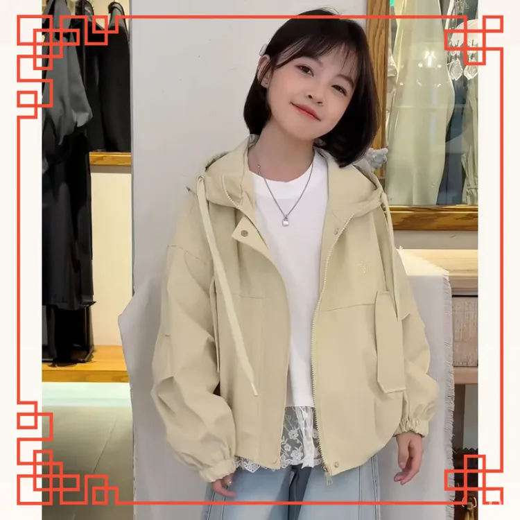 M女童春秋韩版有帽拉链外套洋气聚酯纤维中大童