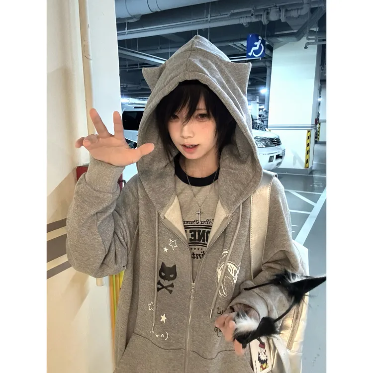 CKKOR日系少女风可爱卡通印花连帽卫衣女春秋款宽松百搭开衫外套