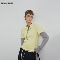LEDIM WANG红标/撞色假两件长袖T恤女25冬季新款黄色休闲百搭上衣