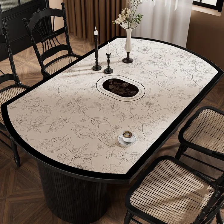 美式椭圆弧形桌垫抽拉式圆桌防水防油防烫免洗高级感皮革餐桌垫子