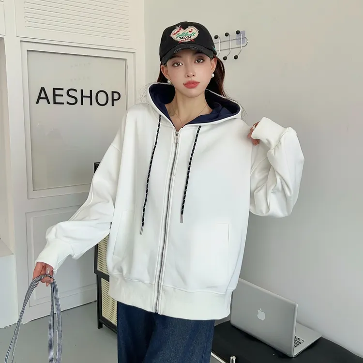 L137秋季新款时尚潮流百搭净版拼色拉链休闲女士连帽外套25-122